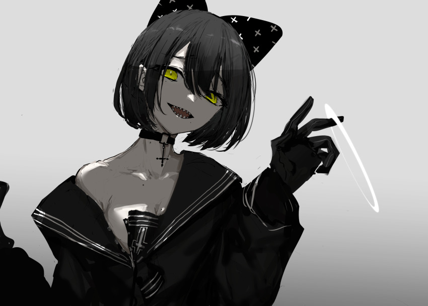 1girl :d black_choker black_gloves black_hair black_sailor_collar black_serafuku black_shirt blouse bob_cut bow breasts choker cross cross_choker gloves hair_bow halo halo_removed hand_up hands_up head_tilt highres inverted_cross looking_at_viewer medium_hair mole mole_on_breast mole_under_mouth muted_color narue off_shoulder open_mouth original sailor_collar school_uniform serafuku sharp_teeth shirt simple_background smile solo spot_color teeth white_background yellow_eyes