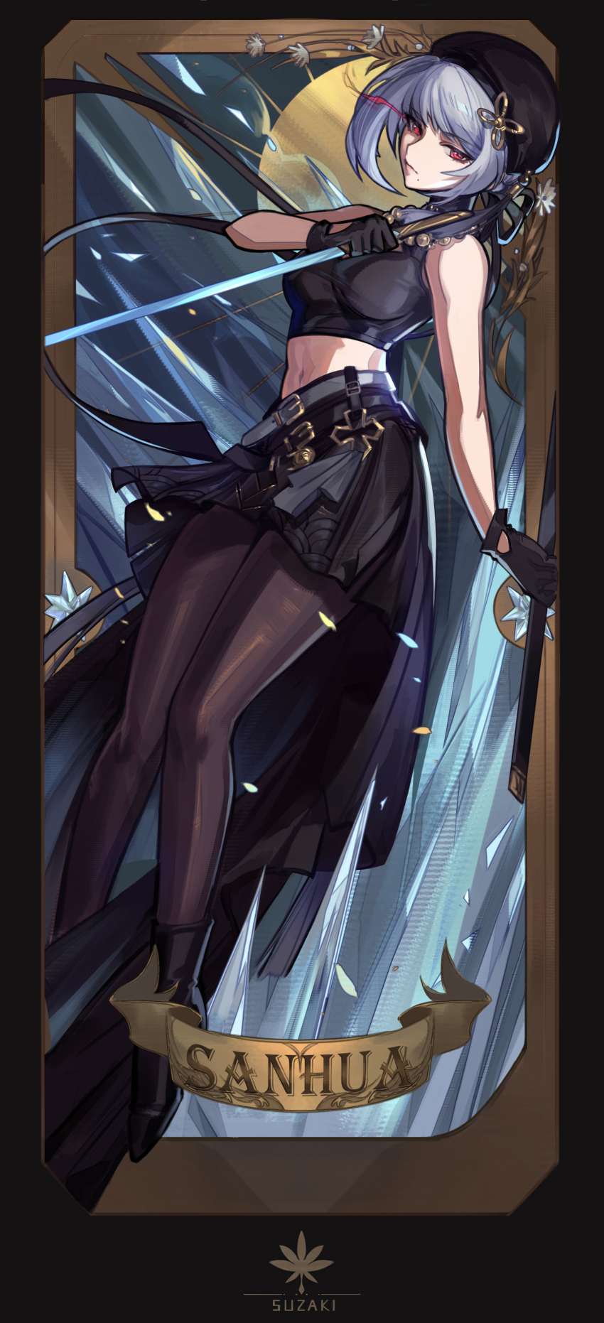 1girl absurdres artist_logo bare_shoulders beret black_gloves black_hat black_pantyhose black_shirt black_skirt card_(medium) character_name closed_mouth commentary crop_top eye_trail gloves grey_hair hat high-low_skirt highres holding holding_sword holding_weapon light_trail logo looking_at_viewer midriff mole mole_under_mouth navel pantyhose red_eyes sanhua_(wuthering_waves) shirt short_hair skirt solo steve_zheng sword weapon wuthering_waves