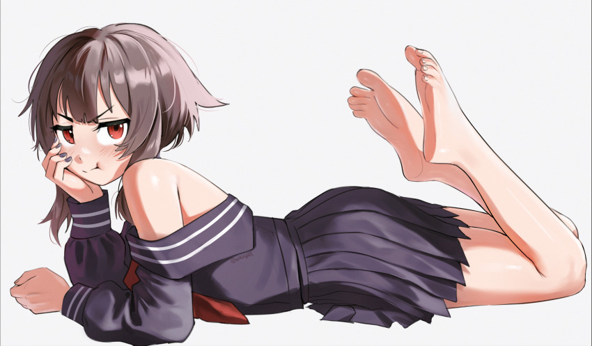 1girl bare_legs bare_shoulders barefoot black_nails black_serafuku black_skirt brown_hair commentary english_commentary feet grey_background highres kono_subarashii_sekai_ni_shukufuku_wo! legs lying megumin on_stomach pleated_skirt pout red_eyes school_uniform serafuku short_hair_with_long_locks skirt soles solo toes waligner