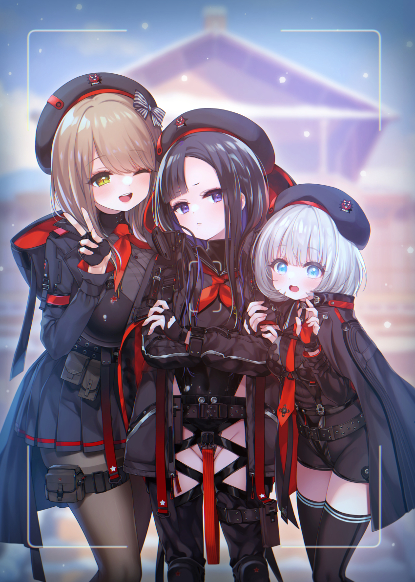 3girls absolute_(nikke) beret black_hair blush bow breasts brown_hair cleavage emma_(nikke) eunhwa_(nikke) fummy gloves goddess_of_victory:_nikke grey_hair hat highres holding large_breasts long_hair long_sleeves multiple_girls open_mouth pantyhose skirt smile standing vesti_(nikke) yellow_eyes