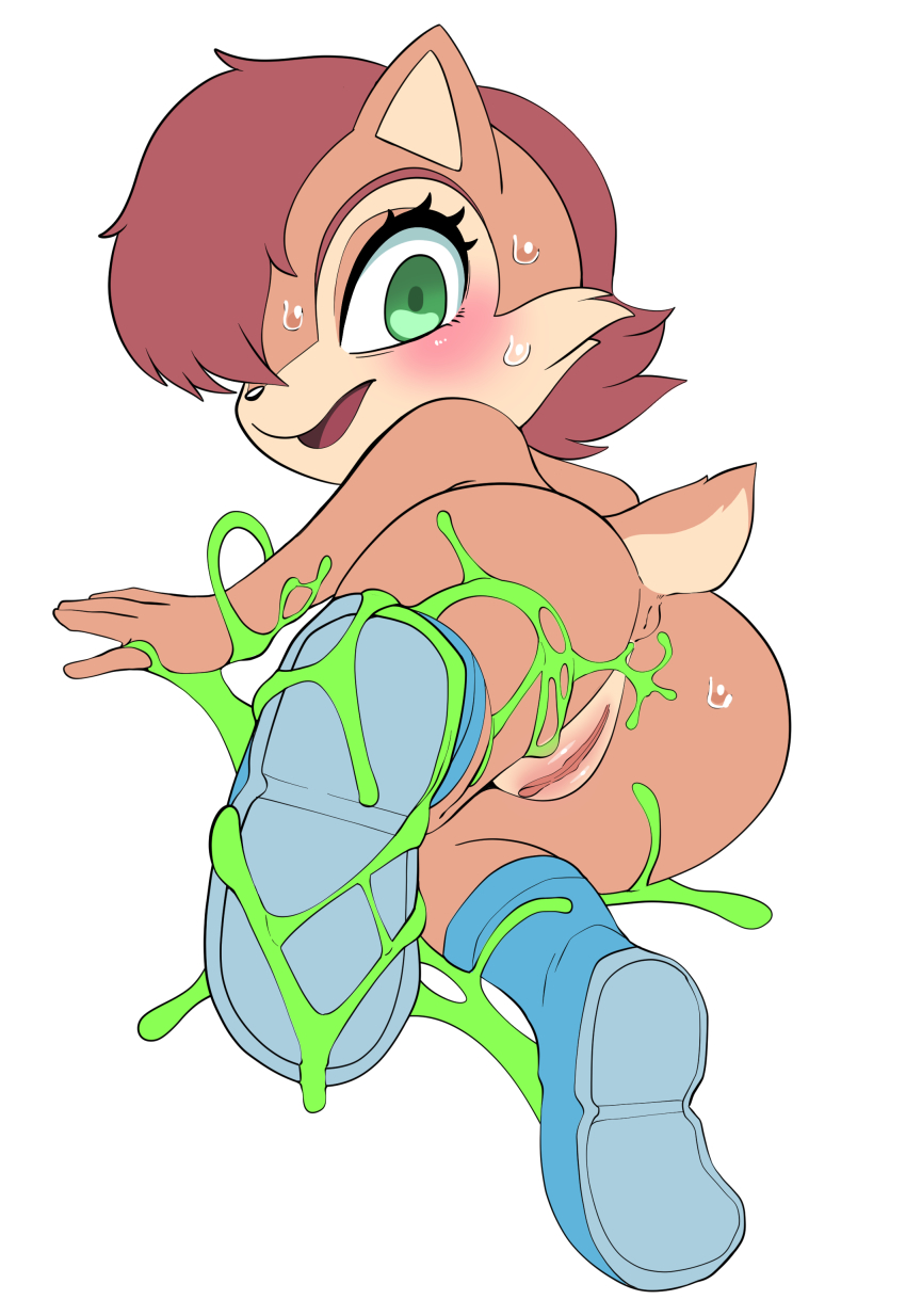1girl absurdres anus ass blush brown_hair clitoris flat_color from_behind furry furry_female green_eyes highres looking_back open_mouth pussy sally_acorn sega shoes sideways_glance simple_background slime sonic_(series) tory_(tory29) uncensored white_background
