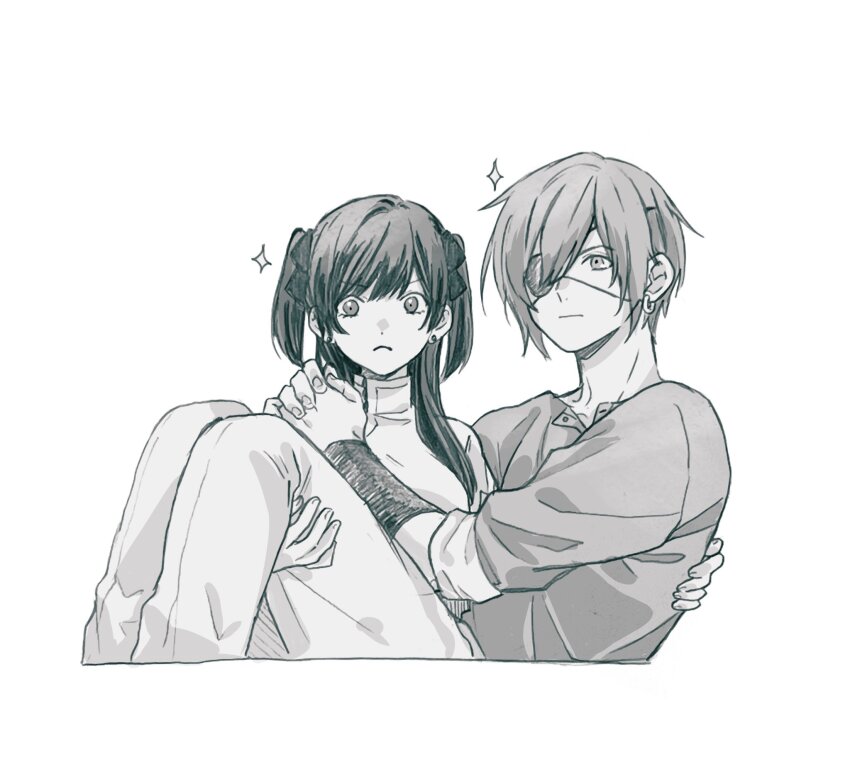 &gt;:( 1boy 1girl :| black_wrist_cuffs carrying carrying_person chinese_clothes closed_mouth collared_shirt d.gray-man earrings eyepatch grey_shirt greyscale hair_between_eyes hair_over_shoulder hair_ribbon hand_on_another&#039;s_back hand_on_another&#039;s_shoulder hand_on_another&#039;s_thigh highres hoop_earrings jewelry lavi lenalee_lee looking_at_viewer looking_to_the_side medium_hair monochrome one_eye_covered pants princess_carry ribbon richiumu shirt short_hair sidelocks simple_background sleeves_rolled_up star_(symbol) striped_clothes striped_shirt stud_earrings two_side_up v-shaped_eyebrows vertical-striped_clothes vertical-striped_shirt white_background white_pants white_shirt wrist_cuffs