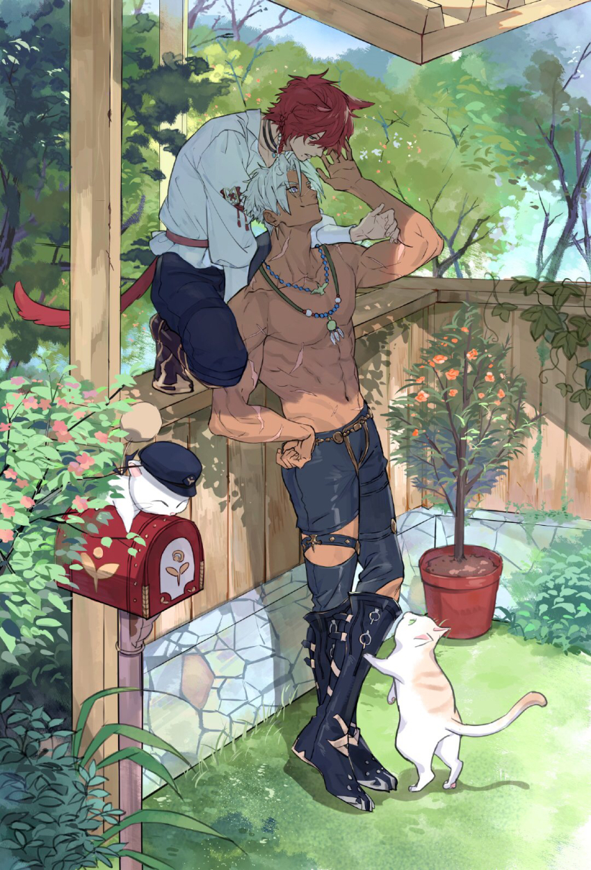 2boys animal_ears black_pants blue_eyes boots cat cat_boy cat_ears cat_tail closed_mouth final_fantasy final_fantasy_xiv gyou_chin highres jewelry looking_at_another mailbox_(incoming_mail) male_focus miqo&#039;te multiple_boys necklace on_fence outdoors pants parted_lips pectorals red_hair scar scar_on_neck shirt short_hair squatting tail toned toned_male topless_male tree warrior_of_light_(ff14) white_cat white_shirt