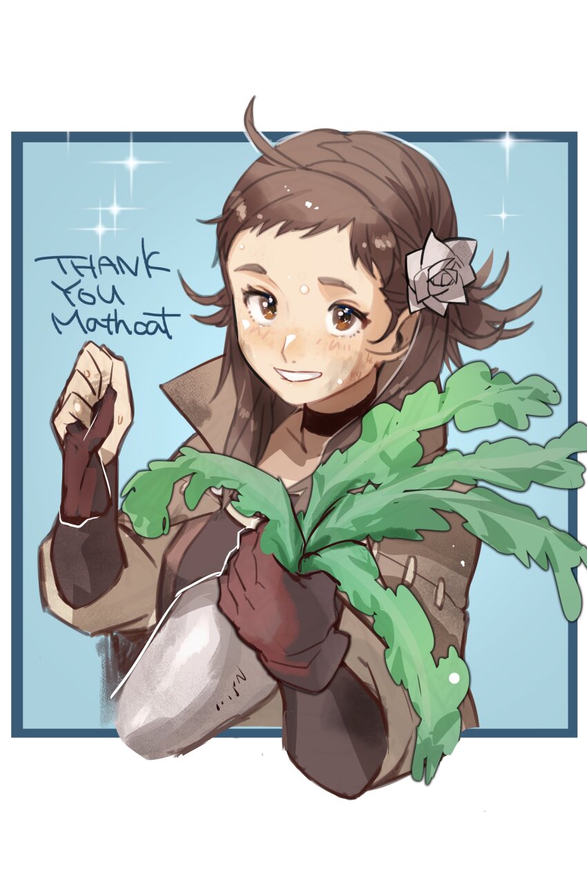 1girl absurdres ahoge black_choker blue_background border brown_eyes brown_hair brown_jacket choker clenched_hand collar commission cropped_torso eyelashes fire_emblem fire_emblem_fates flower hair_flower hair_ornament highres holding holding_plant jacket looking_at_viewer misokatsuhaumai mozu_(fire_emblem) nintendo outside_border plant potted_plant short_hair simple_background smile solo sparkle teeth thank_you white_border white_flower