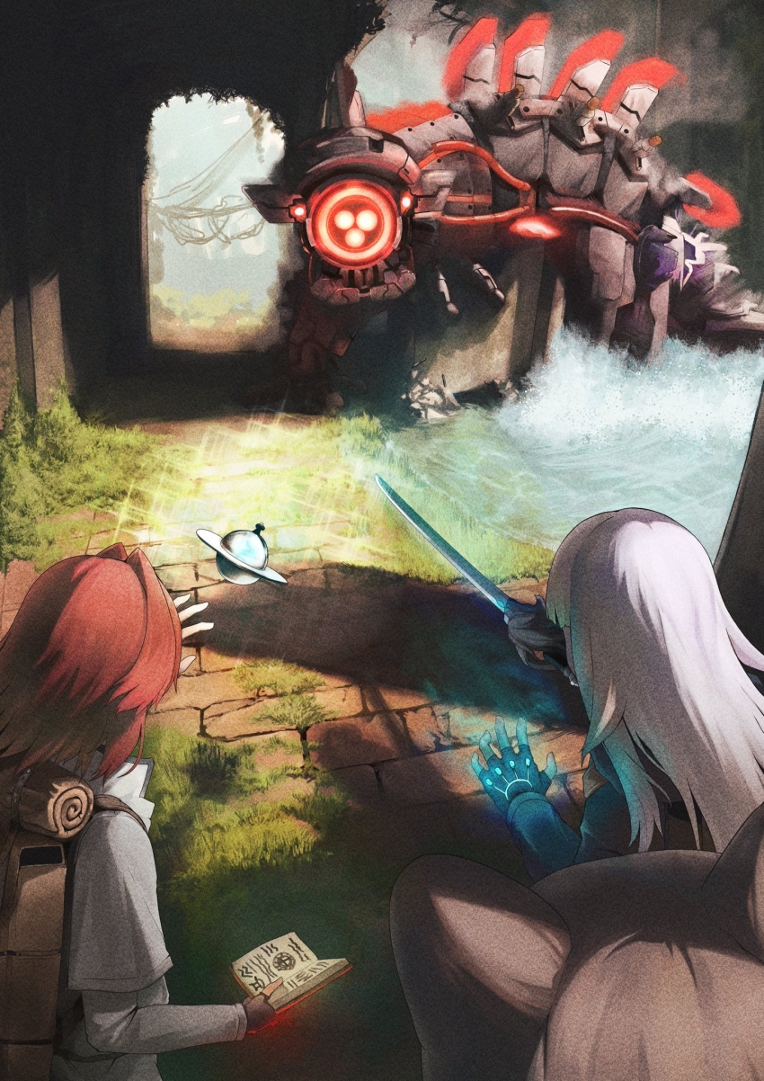 3girls ange_katrina animal_ears backpack bag black_gloves book brown_bag brown_hair coat commentary_request doidamon fantasy fingerless_gloves floating floating_object from_behind gloves glowing glowing_clothes grass grey_coat highres holding holding_book holding_sword holding_weapon imminent_fight inui_toko lize_helesta long_hair long_sleeves multiple_girls nijisanji non-humanoid_robot official_alternate_costume open_book out_of_frame page_of_lambda pointing_melee_weapon pointing_sword red_hair robot ruins sanbaka_(nijisanji) shadow short_hair stone_floor sword virtual_youtuber water weapon white_hair