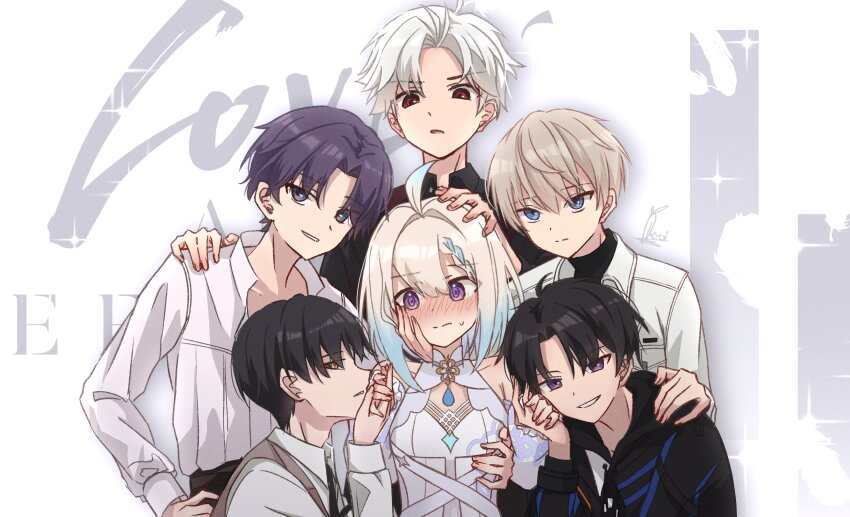 1girl 5boys @_@ absurdres ahoge bare_shoulders blonde_hair blue_eyes blush braid caleb_(love_and_deepspace) commentary daikon_keroi english_commentary enna_alouette enna_alouette_(2nd_costume) hair_between_eyes hair_intakes hand_on_another&#039;s_head hand_on_another&#039;s_waist highres holding_hands love_and_deepspace male_harem medium_hair multicolored_hair multiple_boys nijisanji nijisanji_en nose_blush purple_eyes purple_hair rafayel_(love_and_deepspace) red_eyes short_hair streaked_hair sweatdrop sylus_(love_and_deepspace) virtual_youtuber white_hair xavier_(love_and_deepspace) yellow_eyes zayne_(love_and_deepspace)