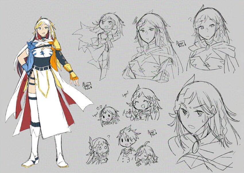 alycoris boots digimon full_body greyscale hair_ornament humanization monochrome multiple_views omegamon pout reference_sheet sketch thighhighs white_hair white_thighhighs
