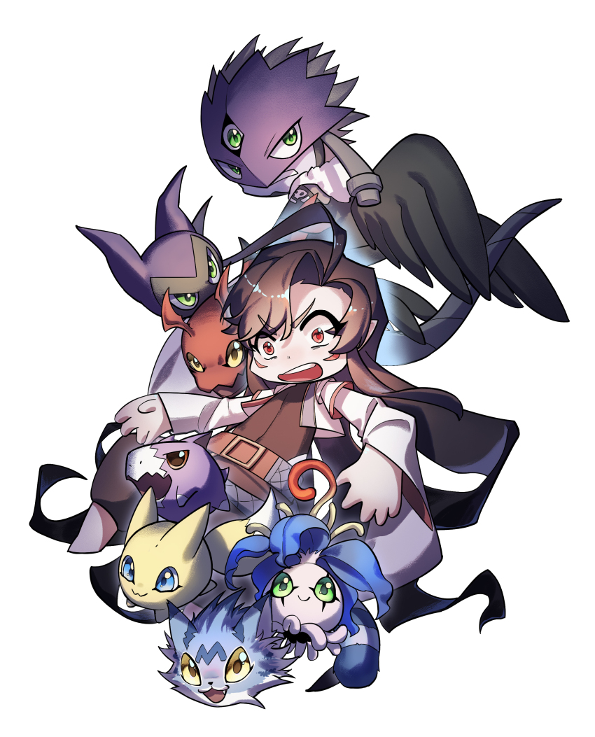 absurdres beelzebumon beelzebumon_blast_mode blue_eyes digimon digimon_(creature) dorimon gigimon green_eyes highres mask pokomon_(digimon) pyocomon red_eyes smile teeth wanyamon wings yarmon yellow_eyes