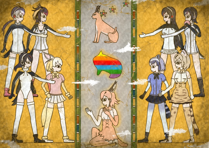 10s 6+girls animal_ears animal_print black_gloves black_hair blonde_hair bow bowtie caracal caracal_(kemono_friends) cat_ears cat_tail commentary_request common_raccoon_(kemono_friends) crack egyptian_art elbow_gloves emperor_penguin_(kemono_friends) fennec_(kemono_friends) food fox_ears fox_tail from_side fur_collar gentoo_penguin_(kemono_friends) glasses gloves grey_hair headphones high-waist_skirt highres hood hooded_jacket humboldt_penguin_(kemono_friends) jacket japari_bun kemono_friends kita_(7kita) long_hair margay_(kemono_friends) multicolored_hair multiple_girls on_one_knee outstretched_arm pantyhose penguins_performance_project_(kemono_friends) pleated_skirt ponytail print_legwear print_skirt raccoon_ears raccoon_tail rainbow rockhopper_penguin_(kemono_friends) royal_penguin_(kemono_friends) sandstar shirt short_hair skirt sleeveless sleeveless_shirt striped_tail tail thighhighs transformation