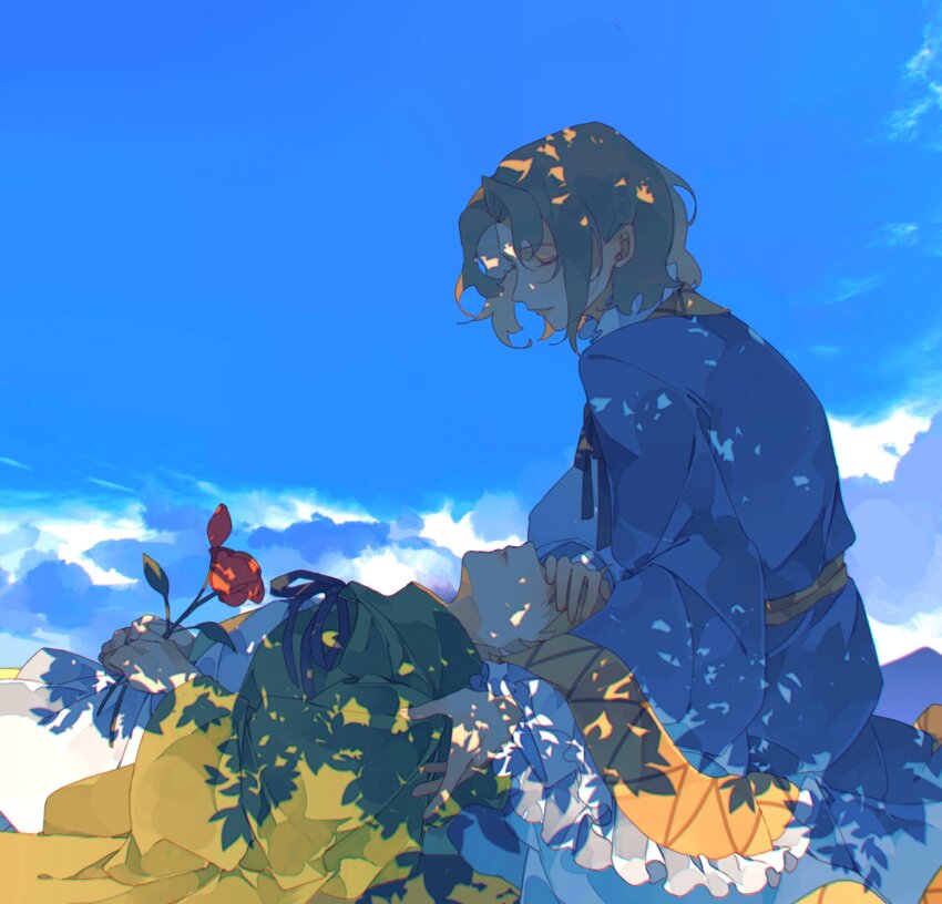 2boys absurdres axis_powers_hetalia blonde_hair blue_sky closed_eyes cyuer11 flower france_(hetalia) hand_over_another&#039;s_eyes highres holding holding_flower lap_pillow lying male_focus multiple_boys on_back robe shade shadow short_hair sky smile united_kingdom_(hetalia)