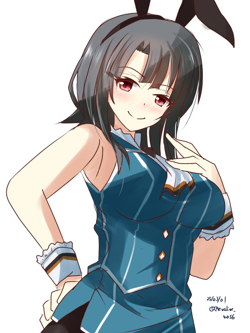 1girl adapted_costume beret black_hair black_pantyhose blue_vest blush breasts dated hat highres kantai_collection large_breasts leotard looking_at_viewer pantyhose playboy_bunny red_eyes sawatani_(chevalier_04056) short_hair smile solo takao_(kancolle) twitter_username upper_body vest