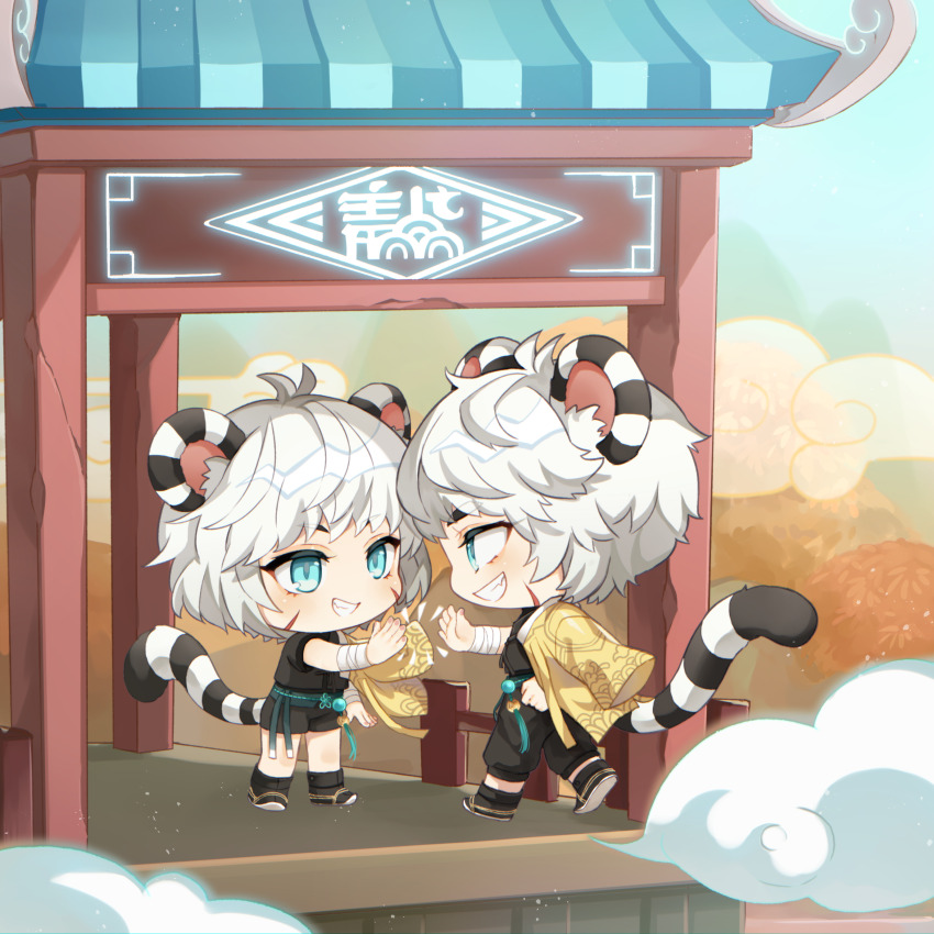 1boy 1girl absurdres animal_ear_fluff animal_ears bandaged_arm bandages black_boots black_pants black_shorts blue_eyes blush boots cloud facial_mark grin highres hoyoung_(maplestory) jacket jacket_on_shoulders leafwow long_sleeves maplestory pants profile shoe_soles short_sleeves shorts smile striped_tail tail walking whisker_markings white_hair yellow_jacket