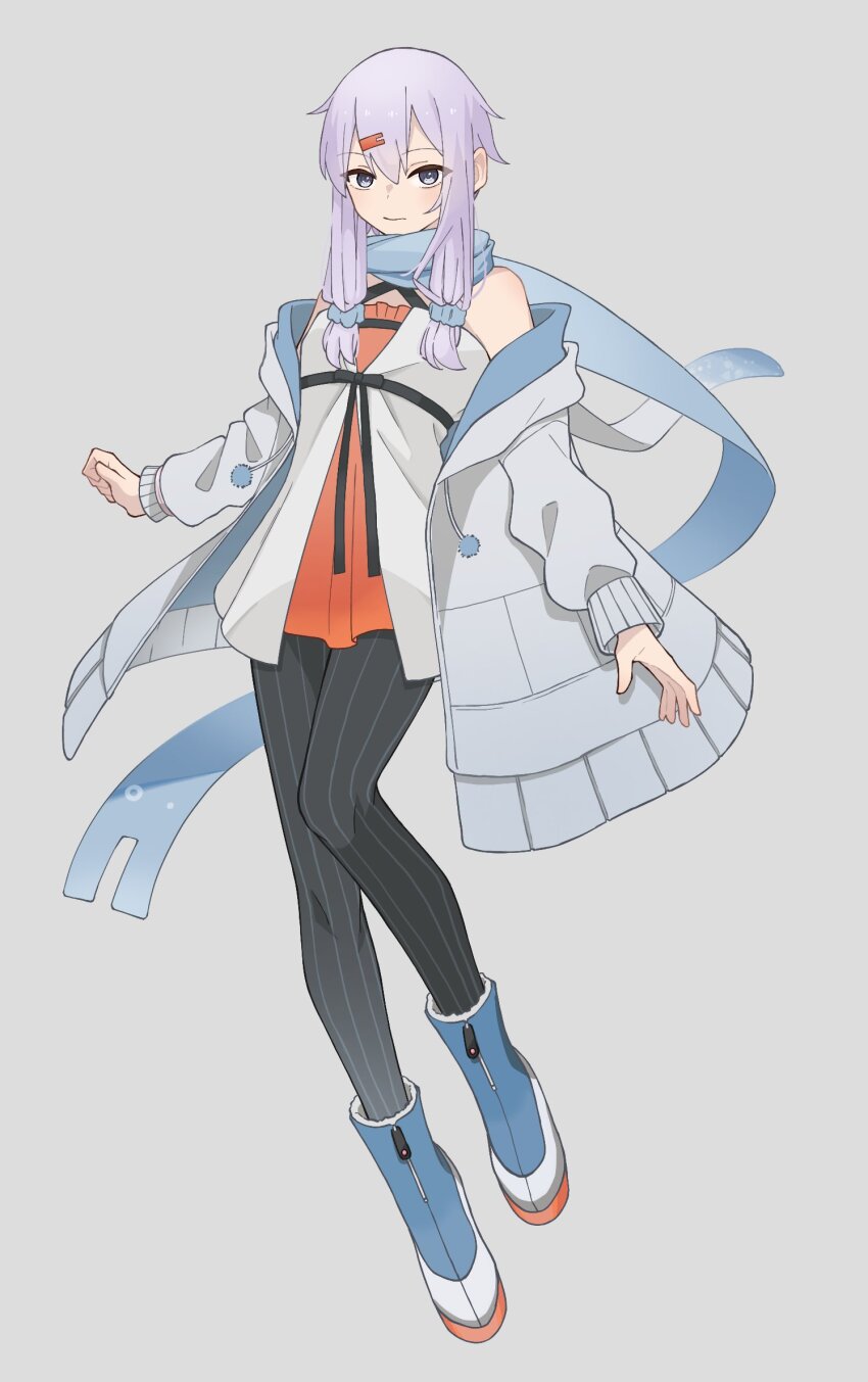 1girl bare_shoulders black_pantyhose blue_boots blue_coat blue_scarf boots closed_mouth coat full_body grey_background hair_ornament hairclip hashtag-only_commentary highres looking_at_viewer okhotsk_yukari open_clothes open_coat pantyhose purple_hair sabiwo scarf shirt short_hair_with_long_locks sidelocks simple_background smile solo striped_clothes striped_pantyhose vocaloid voiceroid white_shirt yuzuki_yukari
