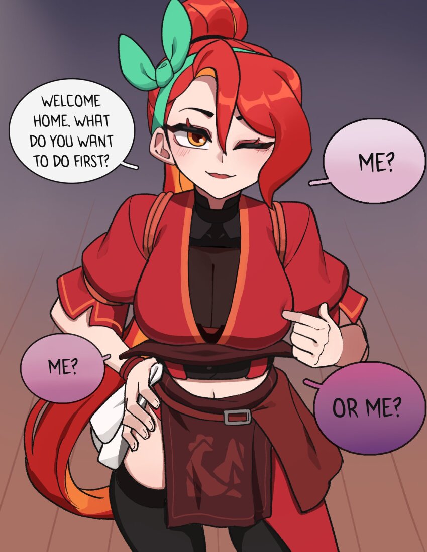 1girl black_thighhighs breasts commentary cowboy_shot english_commentary english_text green_hairband hairband hand_on_own_hip highres hyyun_ho june_(hyyun_ho) large_breasts long_hair midriff navel one_eye_closed orange_hair original parted_lips pelvic_curtain pointing pointing_at_breasts pointing_at_self ponytail shinkon_santaku smile solo speech_bubble standing thighhighs very_long_hair