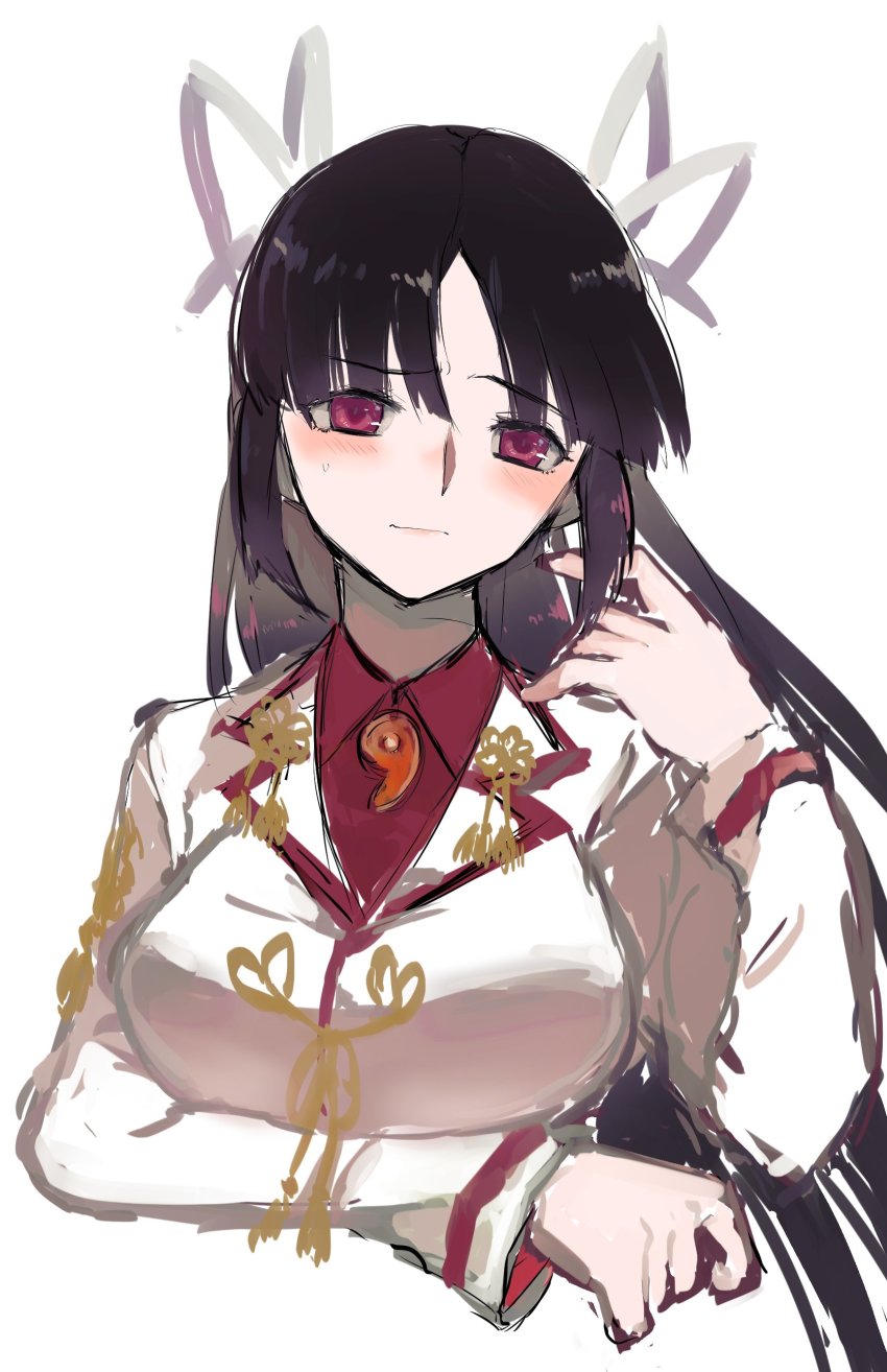 1girl absurdres agtt25333 black_hair blouse blunt_bangs blush breasts closed_mouth collared_shirt commentary_request dress_shirt female_focus hair_between_eyes hair_ribbon highres hiyou_(kancolle) kantai_collection long_hair long_sleeves magatama purple_eyes red_eyes red_shirt ribbon shirt simple_background solo sweat upper_body white_background white_ribbon white_shirt