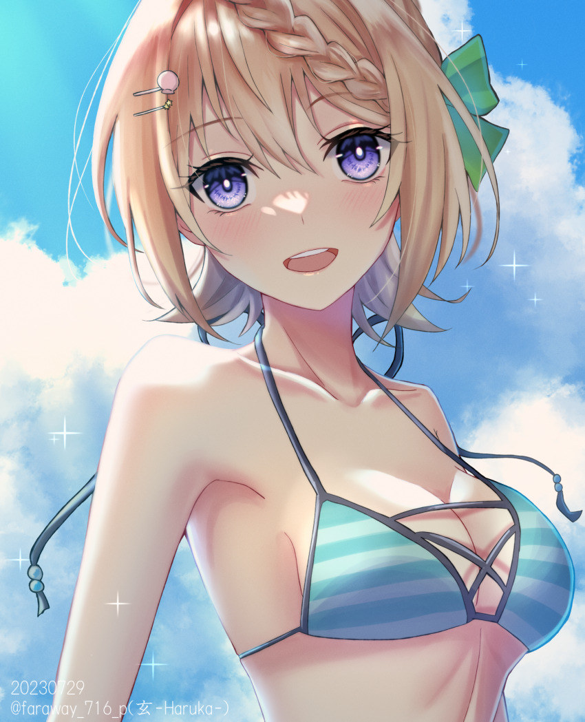 1girl artist_name bare_arms bare_shoulders bikini blonde_hair blue_bikini blush breasts dated day hair_between_eyes hair_ornament hairclip haruka_faraway716 highres kantai_collection looking_at_viewer medium_breasts open_mouth outdoors perth_(kancolle) perth_(swimsuit)_(kancolle) purple_eyes short_hair smile solo swimsuit twitter_username upper_body