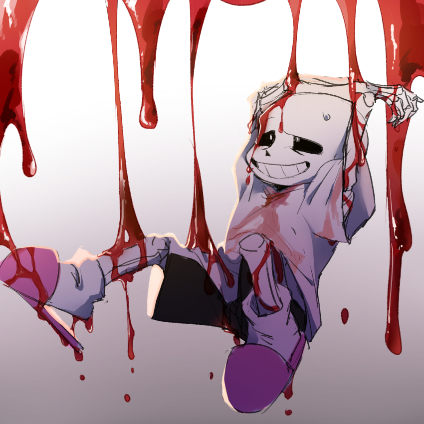 1boy arms_up bare_arms black_shorts blood blood_drip blood_drop blood_stain bright_pupils chinese_commentary commentary_request crossed_arms falling full_body gradient_background grey_background grin heichiyo highres hollow_eyes male_focus nervous_smile no_gloves no_jacket pink_slippers sans_(undertale) shirt short_sleeves shorts simple_background skeleton slippers smile socks solo sweatdrop t-shirt undertale white_background white_pupils white_shirt white_socks wide_sleeves