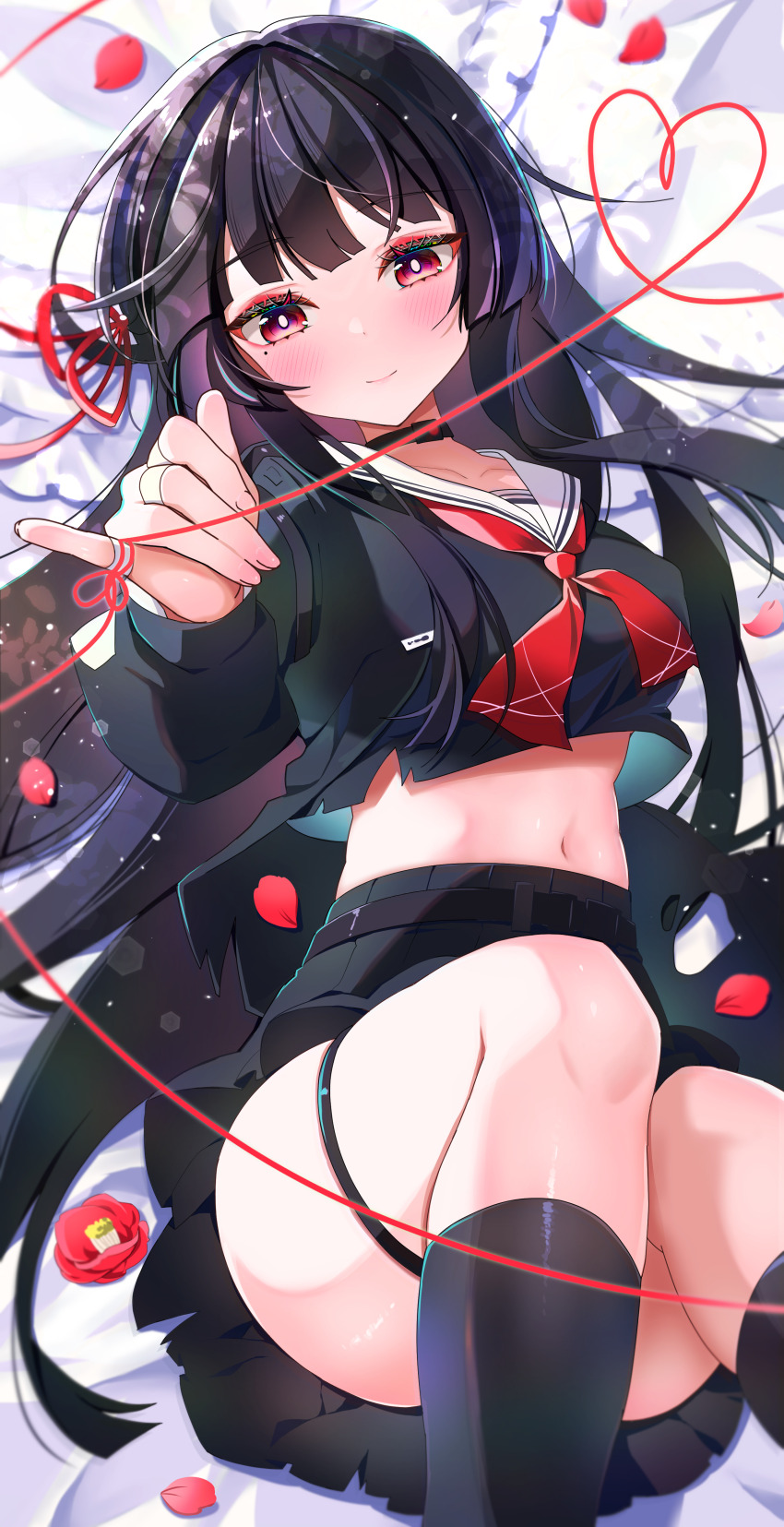 1girl absurdres black_choker black_hair black_jacket black_serafuku black_skirt blush breasts chisa_(wuthering_waves) choker closed_mouth collarbone commentary feet_out_of_frame fingernails flower hair_ribbon highres jacket koharutoki02 long_hair looking_at_viewer lying medium_breasts midriff navel neckerchief on_back red_eyes red_flower red_neckerchief red_petals red_ribbon ribbon sailor_collar school_uniform serafuku skirt smile solo stomach string string_of_fate thick_thighs thigh_strap thighs white_sailor_collar wuthering_waves