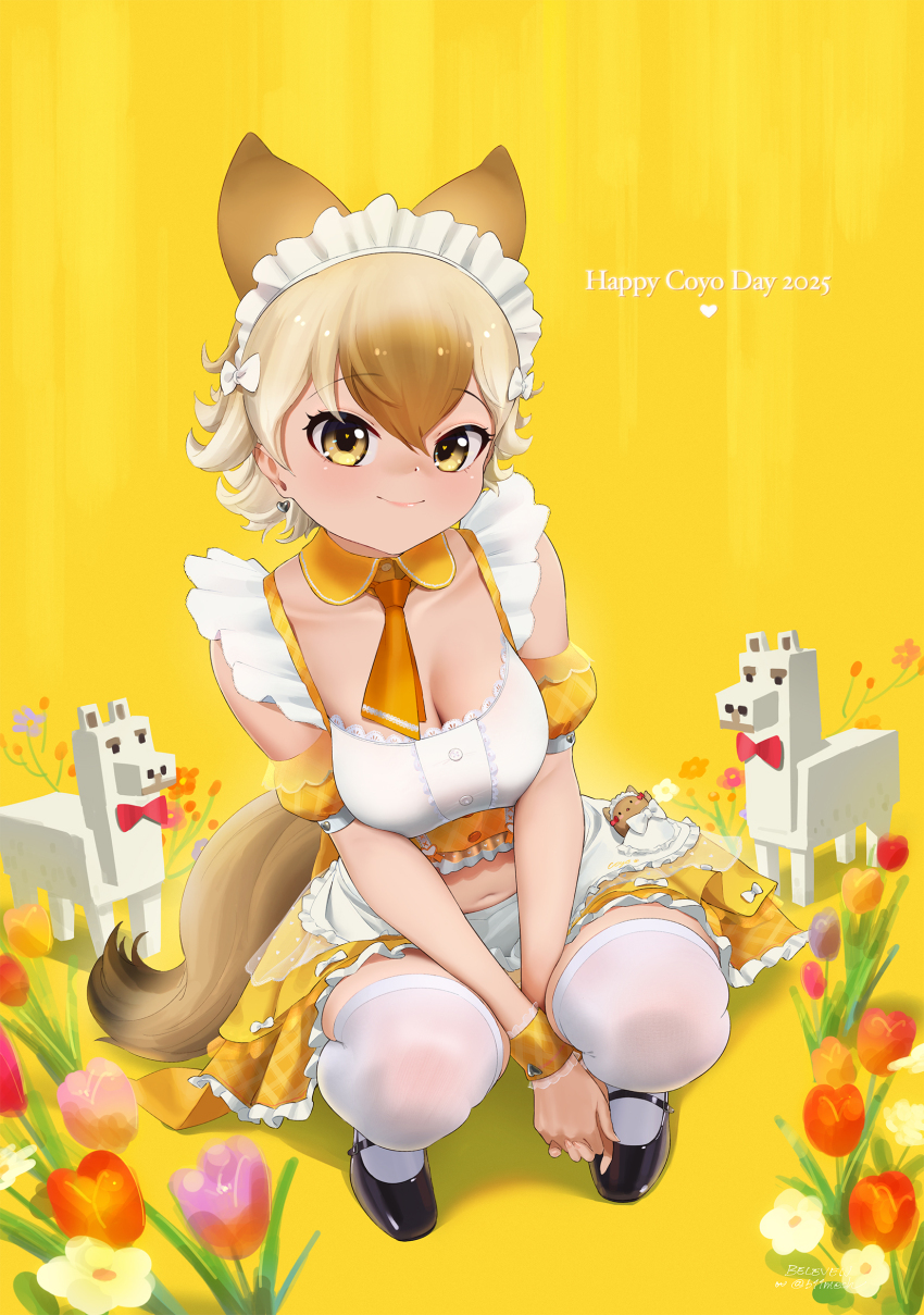 alternate_costume apron bare_shoulders beleven black_shoes blonde_hair blush border bow brown_hair coyote_(kemono_friends) detached_collar detached_sleeves enmaided flower frilled_shirt frilled_skirt frills hair_between_eyes hair_bow highres kemono_friends kemono_friends_v_project lama looking_at_viewer maid maid_apron maid_headdress mary_janes midriff minecraft multicolored_hair navel necktie orange_necktie pleated_skirt puffy_short_sleeves puffy_sleeves shirt shoes short_hair short_sleeves sidelocks skirt smile squatting thighhighs virtual_youtuber white_apron white_border white_hair white_thighhighs yellow_background yellow_eyes yellow_skirt yellow_sleeves zettai_ryouiki