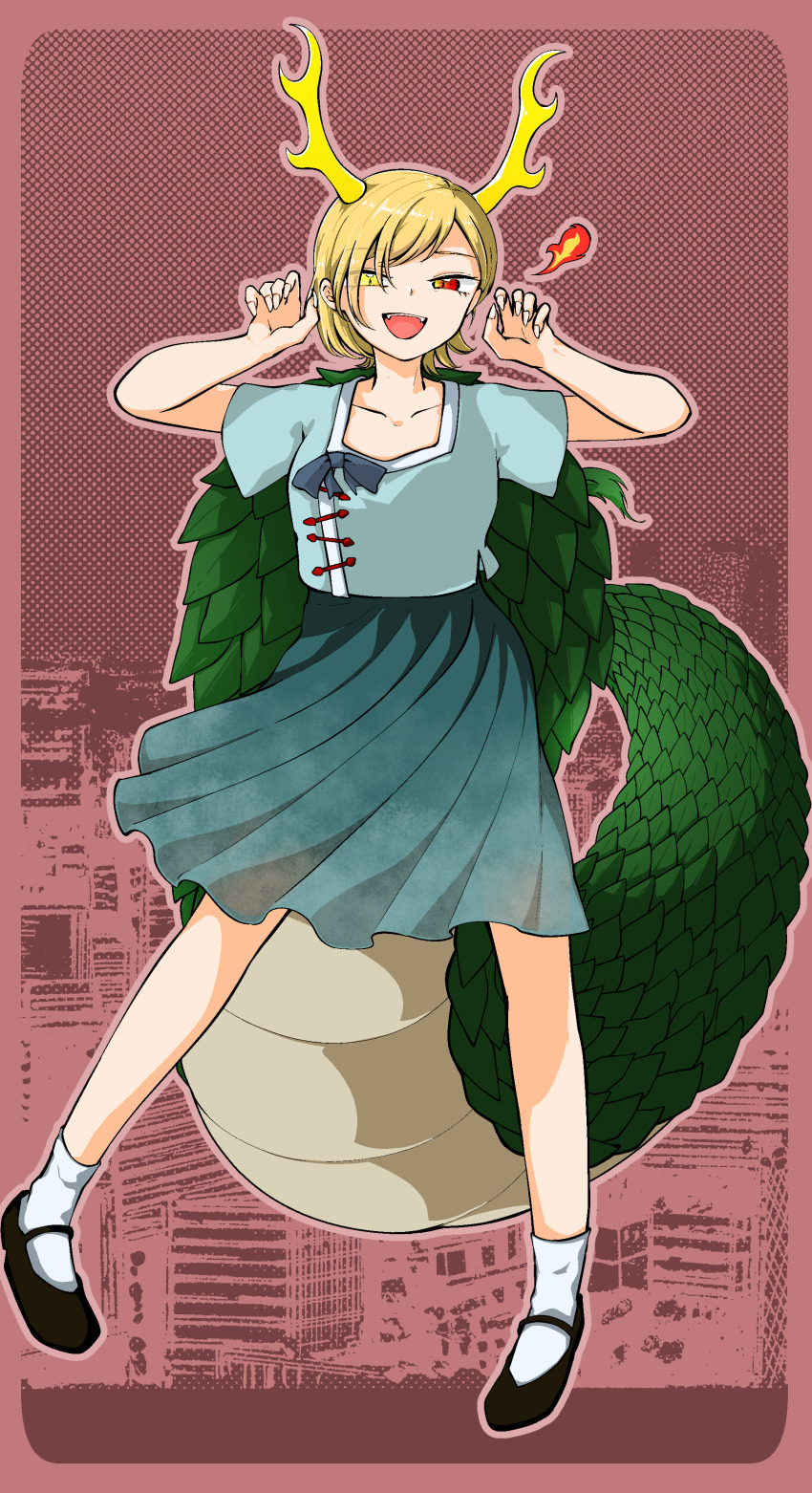 1girl absurdres antlers black_shoes blonde_hair blue_shirt dragon_girl dragon_horns dragon_tail full_body fur-tipped_tail green_scales green_tail highres horns kaisenpurin kicchou_yachie looking_at_viewer monster_girl open_mouth red_eyes scales shirt shoes short_hair skirt smile socks solo square_neckline standing tail touhou turtle_shell white_socks yellow_horns