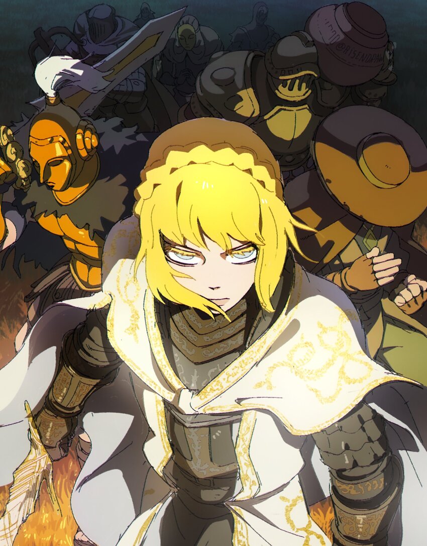 2girls 6+boys aisendraw armor armor_under_clothes blonde_hair braid breastplate character_request cloak crown_braid dryleaf_dane elden_ring elden_ring:_shadow_of_the_erdtree full_armor grey_eyes helm helmet highres holding holding_helmet holding_sword holding_weapon hornsent_(elden_ring) long_hair looking_at_viewer moore_(elden_ring) multiple_boys multiple_girls multiple_others needle_knight_leda ornate ornate_armor redmane_freyja sir_ansbach sword tarnished_(elden_ring) thiollier_(elden_ring) weapon white_cloak