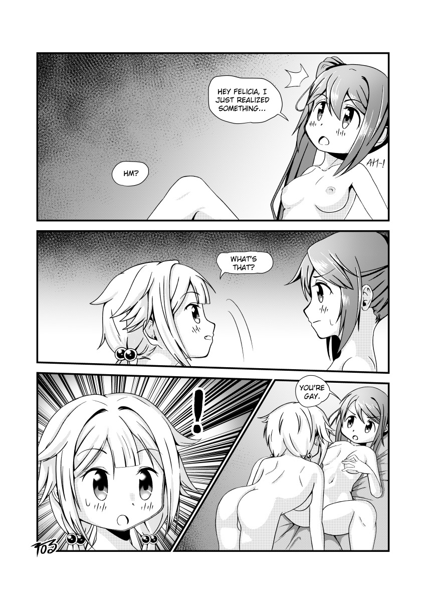 2_ru 2girls 4koma :o absurdres artist_name beads breasts comic cunnilingus ! highres lying magia_record:_mahou_shoujo_madoka_magica_gaiden mahou_shoujo_madoka_magica medium_breasts mitsuki_felicia monochrome multiple_girls nipples on_back on_hands_and_knees open_mouth oral ponytail raised_eyebrows signature spread_legs twintails wide-eyed yui_tsuruno yuri