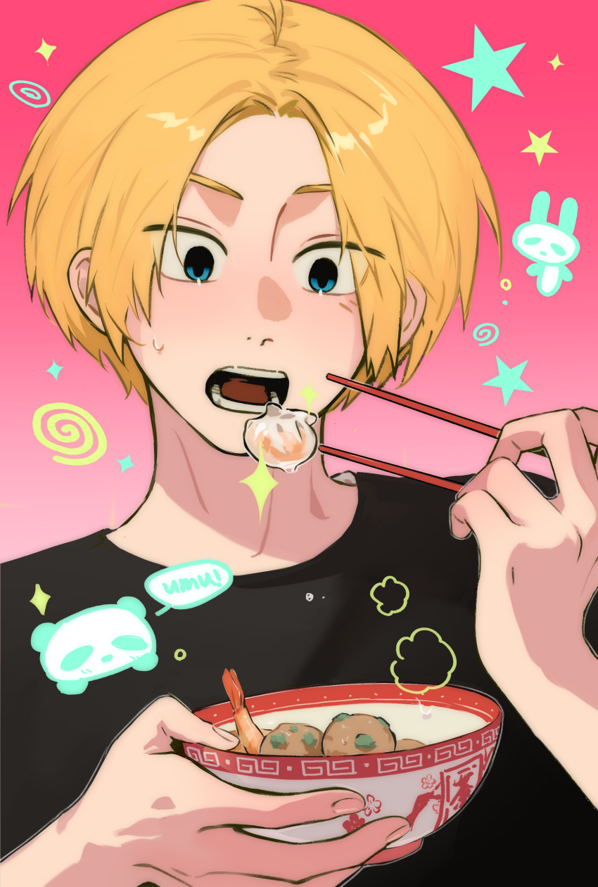 1boy 5a1_uei absurdres black_shirt blonde_hair blue_eyes blush chopsticks dotted_background highres holding holding_chopsticks holding_plate light_blush looking_at_food male_focus open_mouth pink_background plate sakamoto_days shin_(sakamoto_days) shirt short_hair solo sparkle sweatdrop teeth upper_body