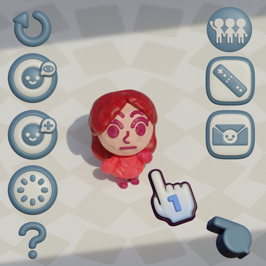 1girl 3d ? crisppyboat dress highres looking_at_viewer mii_(nintendo) miiverse nintendo plus_sign red_dress red_eyes red_hair smile_emoji solo