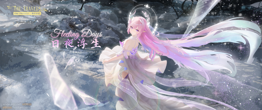 1girl bare_shoulders closed_mouth commentary commentary_request cyrene_(honkai:_star_rail) cyrene_(ripples_of_past_reverie)_(honkai:_star_rail) dated dress english_commentary english_text from_side hair_between_eyes highres honkai:_star_rail honkai_(series) long_hair looking_at_viewer looking_to_the_side outdoors pink_hair purple_eyes reflection smile snowflakes snowing solo very_long_hair water watermark wboss web_address white_dress