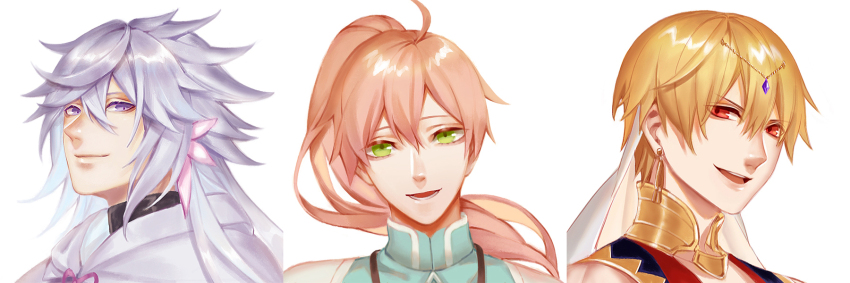 3boys blonde_hair commentary_request earrings fate/grand_order fate_(series) gilgamesh gilgamesh_(caster)_(fate) gilgamesh_(fate) green_eyes grey_hair highres jewelry long_hair male_focus merlin_(fate) multiple_boys no_headwear pink_hair ponytail purple_eyes qixiang_seren red_eyes romani_archaman sleeveless sleeveless_turtleneck turtleneck