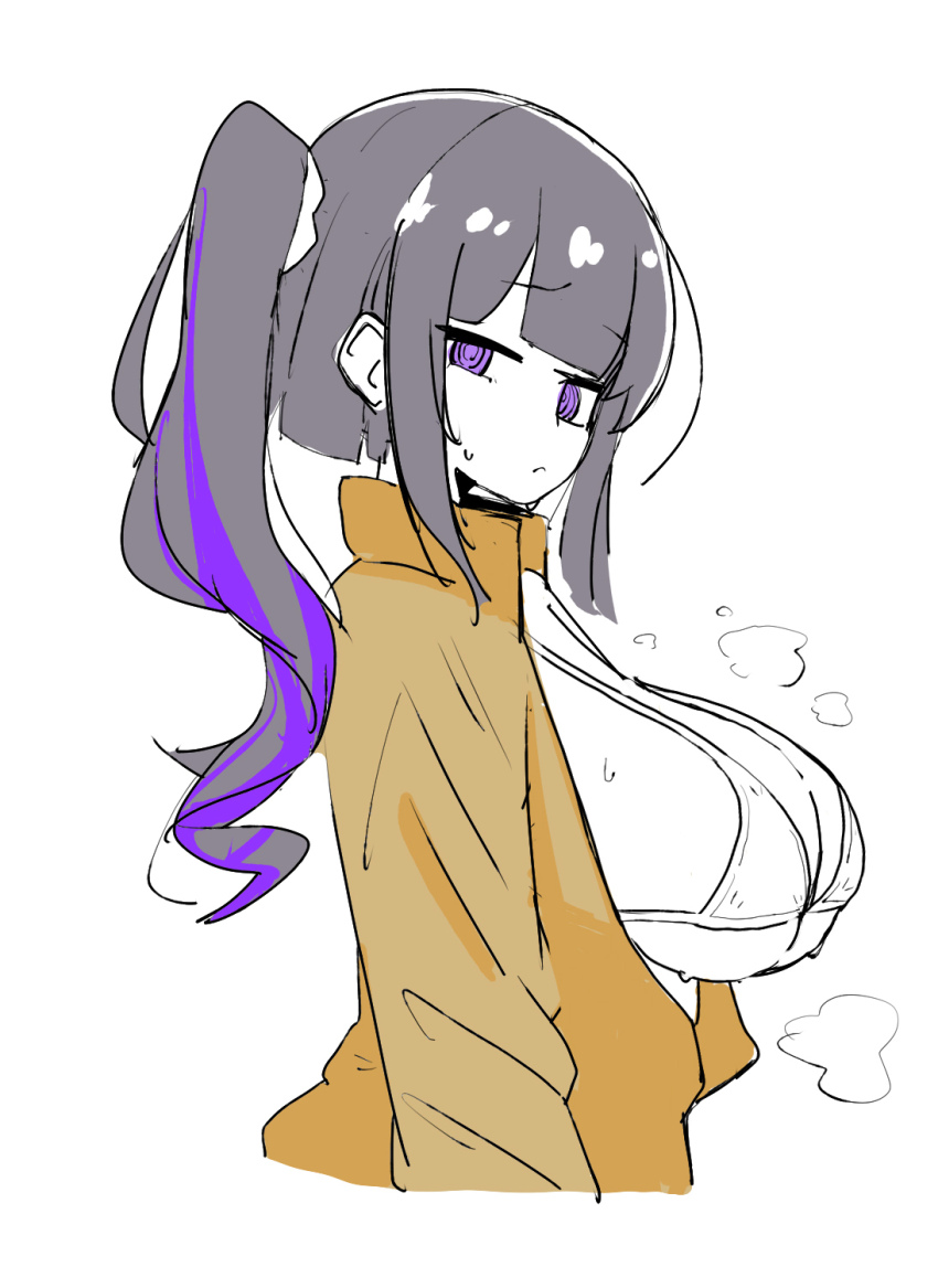 1girl @_@ black_hair blunt_bangs bra breasts breasts_out brown_jacket closed_mouth from_side hair_ornament hair_scrunchie highres jacket large_breasts long_hair looking_at_viewer multicolored_hair purple_hair scrunchie side_ponytail sidelocks simple_background solo spacecrab streaked_hair sweatdrop underwear vocaloid white_background white_bra white_scrunchie yomitan_akane