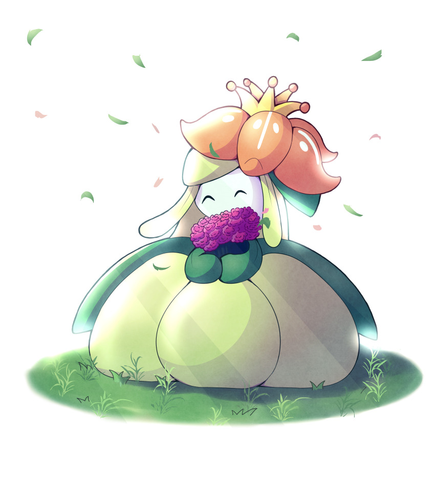 absurdres closed_eyes crown falling_petals flower gen_5_pokemon happy highres holding holding_flower lilligant luni_(lunicat) monster_girl nintendo no_mouth petals plant_girl pokemon pokemon_(creature) red_flower simple_background