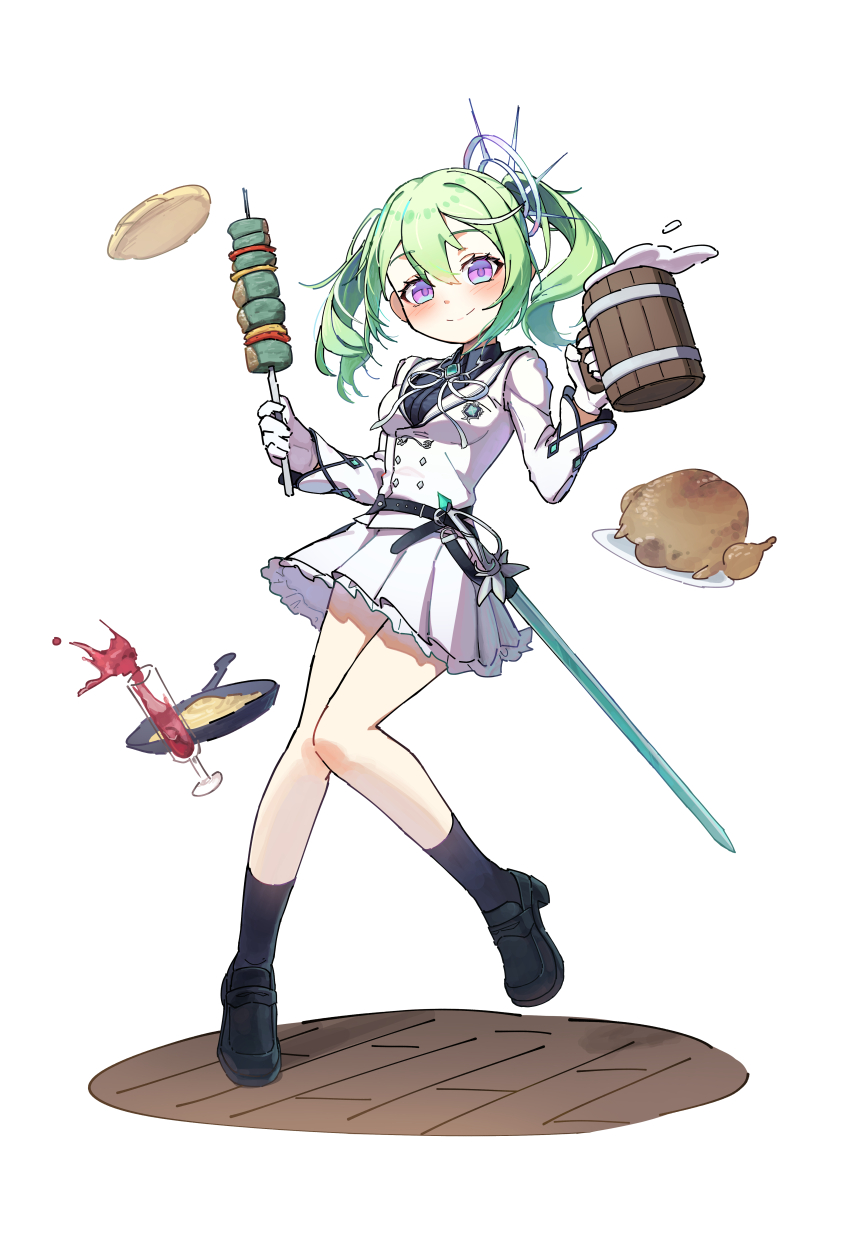 1girl absurdres aqua_eyes belt black_belt black_shirt black_shoes black_socks blush breasts buttons chicken_(food) closed_mouth collared_shirt commentary_request cup double-breasted double-parted_bangs drink drinking_glass floating floating_food floating_object foam food food_request frilled_skirt frills frying_pan full_body gem gloves green_gemstone green_hair hair_between_eyes hair_ornament head_tilt highres holding holding_drink jacket knees_together_feet_apart korean_commentary loafers long_hair long_sleeves looking_at_viewer medium_breasts miniskirt multicolored_eyes multicolored_hair neck_ribbon plate pleated_skirt purple_eyes raised_eyebrows ribbon shirt shish_kebab shoes simple_background skirt smile socks solo spilling split_mouth standing standing_on_one_leg stellive streaked_hair sword tankard thick_eyelashes thighs tsuuburi turning_head twintails virtual_youtuber weapon white_background white_gloves white_hair white_jacket white_ribbon white_skirt yuzuha_riko