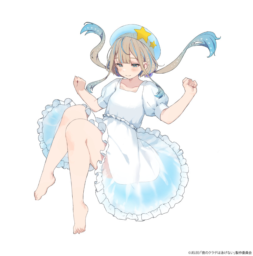 1girl absurdres barefoot beret blue_eyes blue_hair blush breasts collarbone commentary_request copyright_name copyright_notice cover dress floating_hair hamunezuko_(nezukonezu32) hat highres jelee-chan light_brown_hair long_hair md5_mismatch multicolored_hair official_art puffy_short_sleeves puffy_sleeves resolution_mismatch see-through_clothes short_sleeves sidelocks simple_background small_breasts solo source_larger streaked_hair umituki_yoru white_background white_dress white_hat yoru_no_kurage_wa_oyogenai