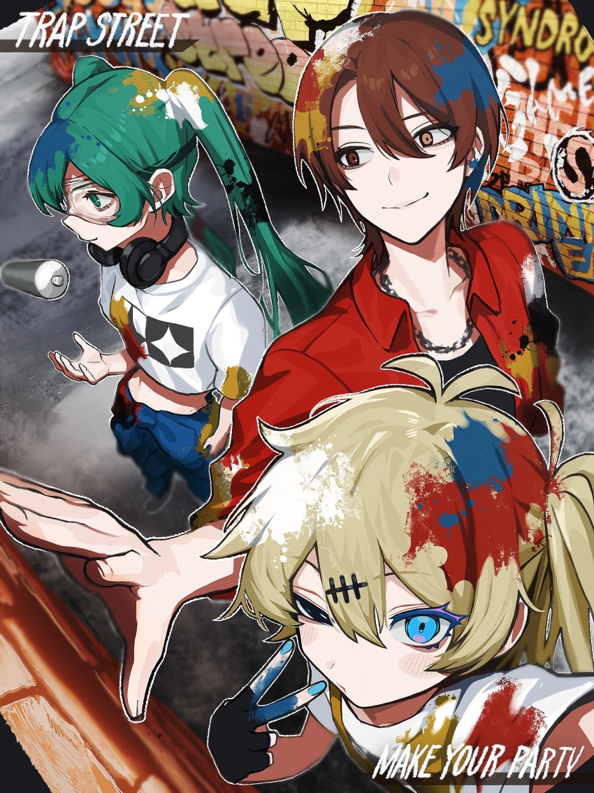 3girls absurdres black_gloves black_shirt blue_eyes blue_pants blush brick_wall brown_hair chain chain_necklace closed_mouth crop_top english_text fingerless_gloves from_above gloves graffiti green_eyes grey_hair hair_ornament hairclip hatsune_miku headphones headphones_around_neck highres jewelry kasukabe_tsumugi long_hair long_sleeves looking_at_viewer meiko_(vocaloid) multiple_girls necklace one_eye_closed outdoors paint_in_hair paint_on_clothes pants party_wo_tsukurou perspective safety_glasses shirt short_hair short_sleeves smile spray_can standing twintails vocaloid voicevox wawasuke white_shirt