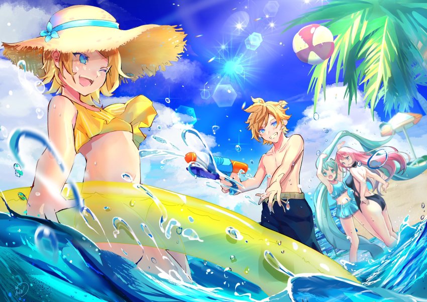 1boy 3girls ahoge aqua_eyes aqua_hair arms_up ball bare_arms bare_back bare_shoulders beach beach_umbrella beachball bikini black_one-piece_swimsuit blonde_hair blue_bikini blue_eyes blue_male_swimwear blue_sky blue_swim_trunks breasts cloud day diffraction_spikes dutch_angle fisheye flower frilled_bikini frills grin hat hat_flower hatsune_miku highres holding holding_swim_ring horizon innertube inubangarou kagamine_len kagamine_rin large_breasts lens_flare long_hair looking_at_another looking_back male_swimwear medium_breasts megurine_luka midriff multiple_girls non-circular_lens_flare ocean one-piece_swimsuit one_eye_closed open_mouth palm_tree parasol partially_submerged pink_hair ponytail short_ponytail sky small_breasts smile splashing straw_hat sun_hat swim_ring swim_trunks swimsuit tree twintails umbrella very_long_hair vocaloid water_drop water_gun waves yellow_bikini yellow_innertube