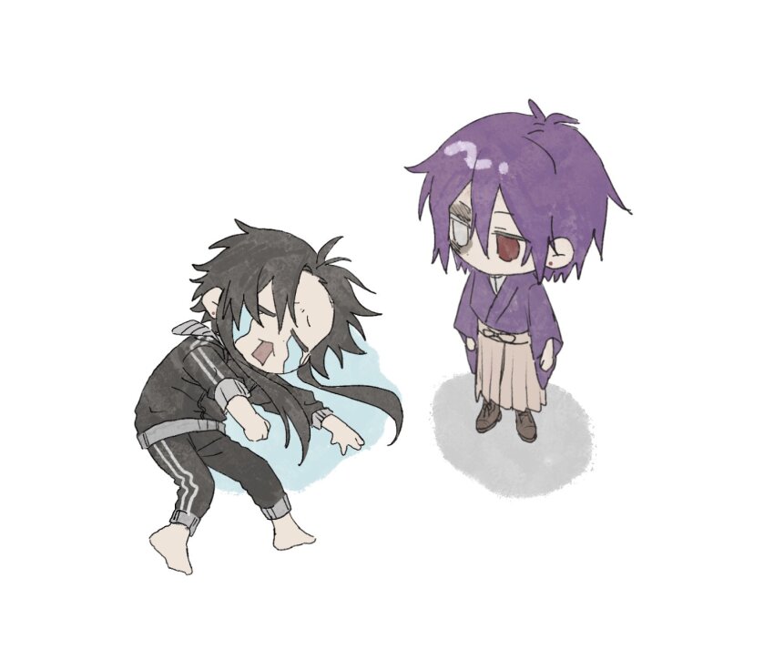 2boys black_hair crying heterochromia highres hyakutennniki karasuma_ranmaru lying multiple_boys principal_(youkai_gakkou_no_sensei_hajimemashita!) purple_hair standing white_background youkai_gakkou_no_sensei_hajimemashita!