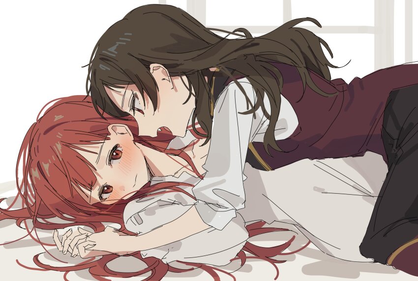 2girls black_pants blush brown_hair closed_mouth commentary_request dress fang hano9789 highres holding_hands idolmaster idolmaster_million_live! kitazawa_shiho korean_commentary long_hair multiple_girls open_mouth pants pinned red_eyes red_hair red_vest shirt straddling tanaka_kotoha vampire vest white_dress white_shirt yuri
