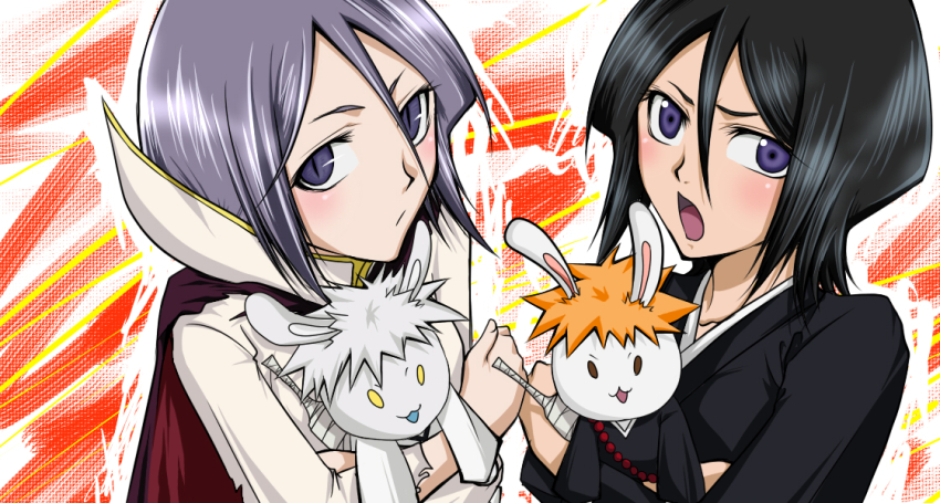animal_ears black_hair bleach bleach:_fade_to_black rabbit_ears cape colored_skin dark_rukia doll dual_persona holding japanese_clothes kuchiki_rukia kurosaki_ichigo open_mouth orange_hair purple_eyes purple_hair shirosaki_hichigo short_hair slit_pupils sword weapon white_hair white_skin xruka yellow_eyes