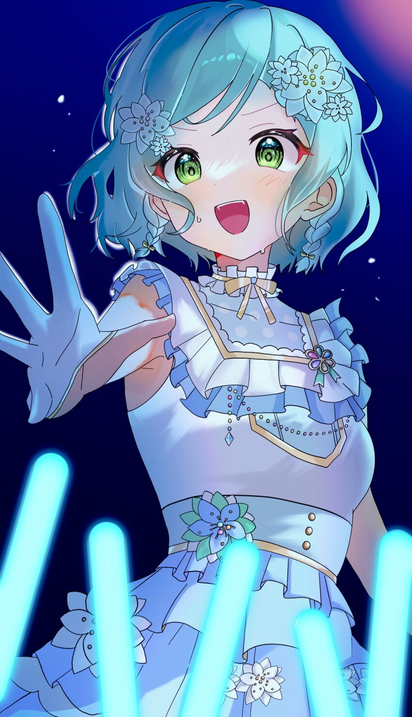 1girl aqua_hair bang_dream! chisakaoislove dress flower gloves glowstick green_eyes hair_flower hair_ornament highres hikawa_hina jewelry short_hair solo sweat sweatdrop teeth upper_body upper_teeth_only white_dress white_gloves