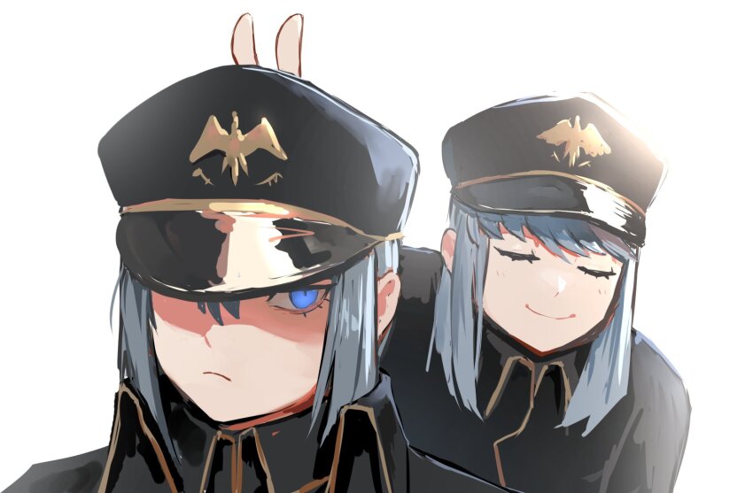 2girls arm_at_side arm_up arms_at_sides bags_under_eyes black_hat black_jacket black_shirt blue_eyes blue_hair blunt_ends blunt_sidelocks borrowed_character bunny_ears_prank closed_eyes closed_mouth collared_jacket collared_shirt commentary dot_nose english_commentary eyebrows_hidden_by_hair frown glint glowing glowing_eye gold_trim hair_between_eyes half-closed_eyes hat hat_over_one_eye high_collar highres insignia jacket leaning_forward light_blush long_eyelashes long_sidelocks long_sleeves looking_ahead medium_hair multiple_girls narrowed_eyes naughty_face ofelia_(gogalking) one_eye_covered original peaked_cap portia_(gogalking) portrait prank serious shaded_face shiny_clothes shirt sidelocks simple_background sketch smile standing swept_bangs thick_eyelashes vertigris white_background