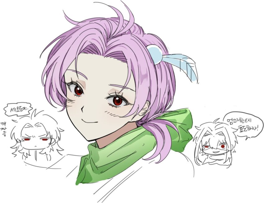 3boys :&lt; closed_mouth commentary_request dita_iliner feather_hair_ornament feathers gongjjya green_scarf hair_intakes hair_ornament hatsutori_hajime korean_commentary korean_text long_hair male_focus multiple_boys nijou_ryuu parted_bangs pink_hair saibou_shinkyoku scarf simple_background smile translation_request white_background