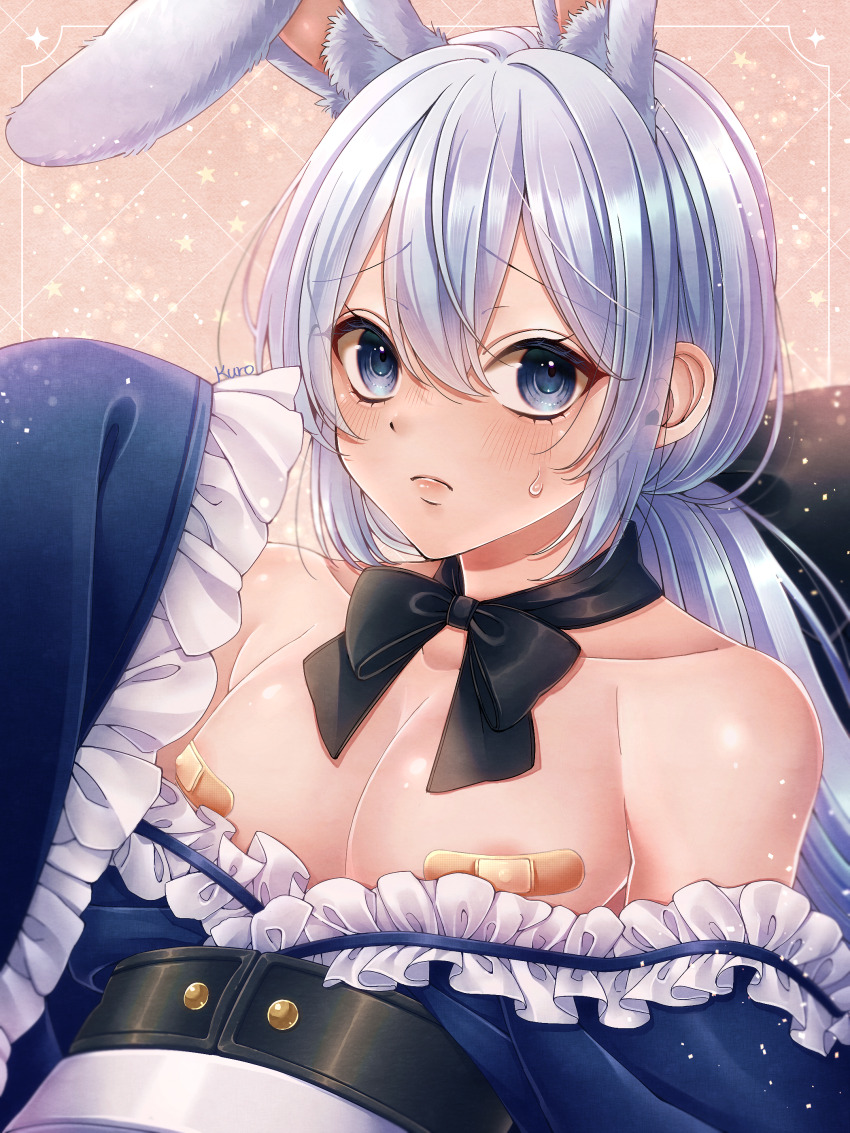 1boy absurdres androgynous animal_ears bandaid bandaids_on_nipples black_bow blue_eyes blue_shirt bow bow_choker choker collarbone commentary_request covered_erect_nipples dragon_quest dragon_quest_x frilled_shirt frills frown hair_bow hero_(dq10) highres kuro11_222 long_hair looking_at_viewer looking_to_the_side low_ponytail male_focus off_shoulder orange_background pasties pectorals ponytail rabbit_boy rabbit_ears shirt sleeves_past_fingers sleeves_past_wrists solo star_(symbol) sweatdrop trap white_hair