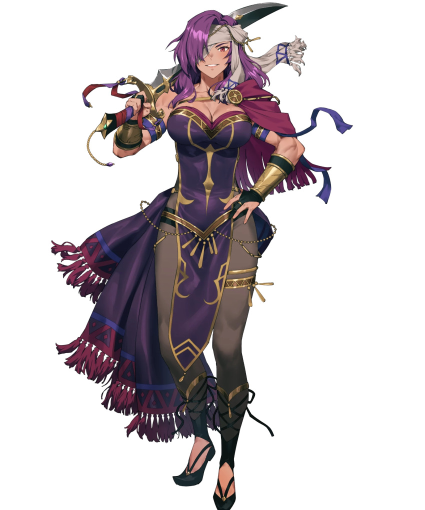 1girl breasts chyko cleavage dark-skinned_female dark_skin eyepatch fire_emblem fire_emblem:_mystery_of_the_emblem fire_emblem_heroes headband highres holding holding_sword holding_weapon jewelry large_breasts long_hair malice_(fire_emblem) malice_(fire_emblem)_(jehanna) malice_(jehanna)_(fire_emblem) nintendo non-web_source official_alternate_costume official_art pantyhose purple_hair solo sword tight_clothes weapon