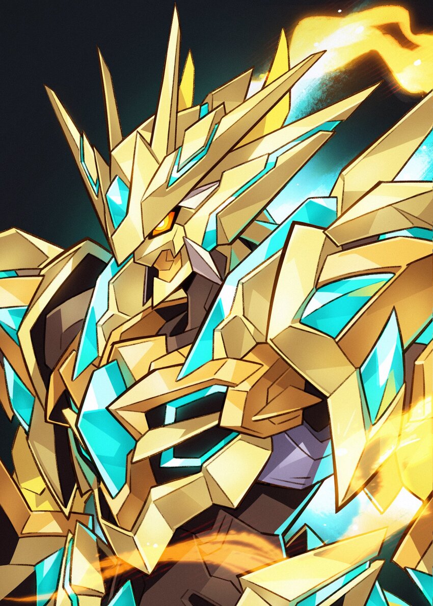 armor black_background digimon digimon_(creature) dragon gold_armor gold_helmet highres magnamon magnamon_x-antibody onion_maru simple_background solo upper_body yellow_eyes