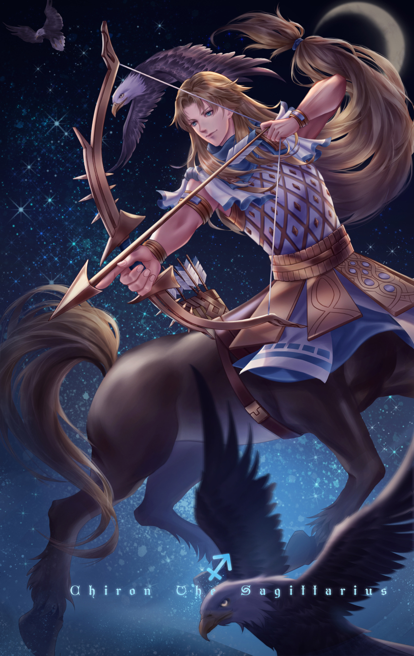 1boy absurdres aiming armlet armor bald_eagle belt bird blue_eyes blue_scarf bow_(weapon) bracelet brown_belt brown_hair centaur chinese_commentary chiron_(fate) closed_mouth commentary_request eagle eyebrows_hidden_by_hair fate/grand_order fate_(series) floating_hair highres holding holding_bow_(weapon) holding_weapon horse_tail jewelry long_hair low-tied_long_hair male_focus monster_boy multiple_legs parted_bangs qingyuan quiver rearing sagittarius_(symbol) sagittarius_(zodiac) scarf sidelocks smile solo standing star_(symbol) star_symbol_background tail taur weapon zodiac