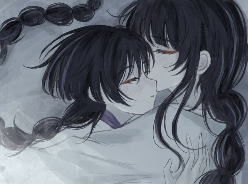 1boy 1girl alternate_hair_length alternate_hairstyle closed_eyes eyelashes eyeliner eyeshadow facing_another genshin_impact hand_on_another&#039;s_back hug japanese_clothes kimono long_hair low-braided_long_hair low-tied_long_hair makeup mother_and_son multicolored_hair open_mouth purple_hair raiden_shogun red_eyeliner red_eyeshadow scaramouche_(genshin_impact) scaramouche_(kabukimono)_(genshin_impact) sideways_mouth single_sidelock sleeping sleeping_together streaked_hair unconscious white_kimono yoruli_e