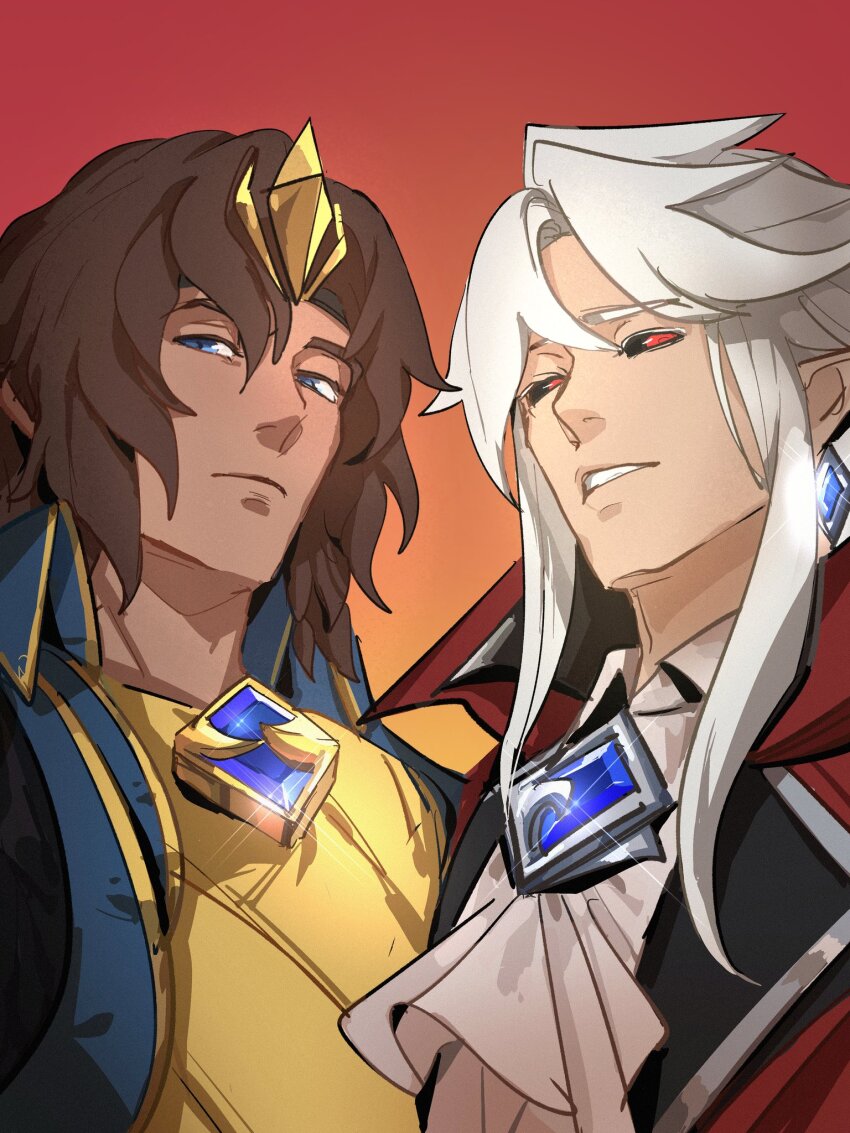 2boys black_sclera blue_eyes brown_hair closed_mouth collared_shirt colored_sclera frown gem gradient_background grey_shirt hair_between_eyes highres king_viego league_of_legends long_hair male_focus multiple_boys red_background red_eyes shirt short_hair teeth uncle_and_nephew upper_body viego_(league_of_legends) viegoletmefu vladimir_(league_of_legends) white_hair