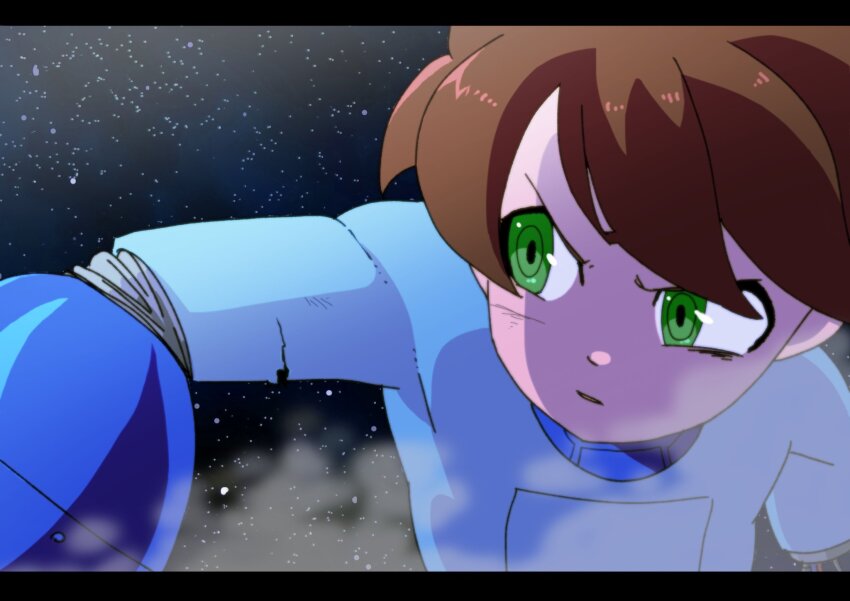 1boy amputee android arm_cannon blue_bodysuit bodysuit broken brown_hair commentary_request green_eyes highres letterboxed looking_to_the_side male_focus mechabare mega_man_(character) mega_man_(classic) mega_man_(series) mega_man_megamix night night_sky no_headwear parted_lips ringed_eyes short_hair sky solo star_(sky) starry_sky steam takenokonoko upper_body v-shaped_eyebrows weapon
