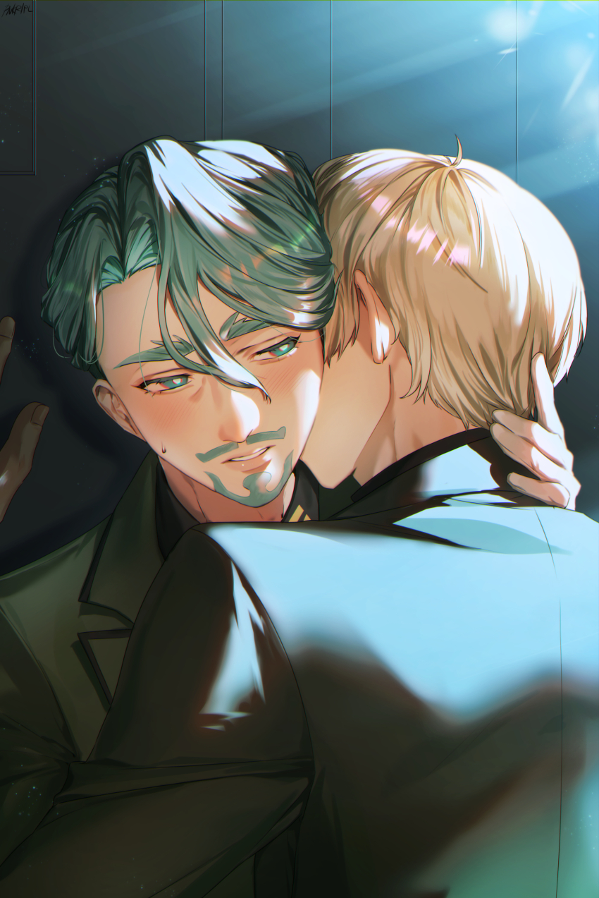 2boys beard blonde_hair blush challia_bull facial_hair green_eyes green_hair green_jacket gundam gundam_gquuuuuux highres jacket kabedon kiss kissing_cheek male_focus multiple_boys mustache open_mouth pnkripl shirouzu_(gundam) short_hair sweatdrop upper_body yaoi